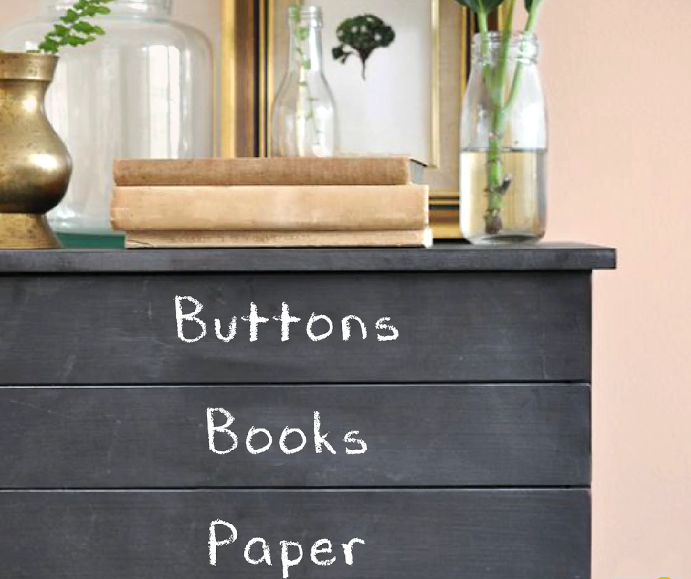 Blackpaint on drawers with drawer contents written on the front